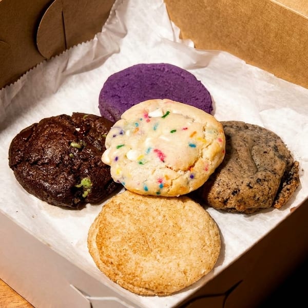 Assorted cookies, including chocolate, sprinkle, and purple, in a white and brown bakery box.