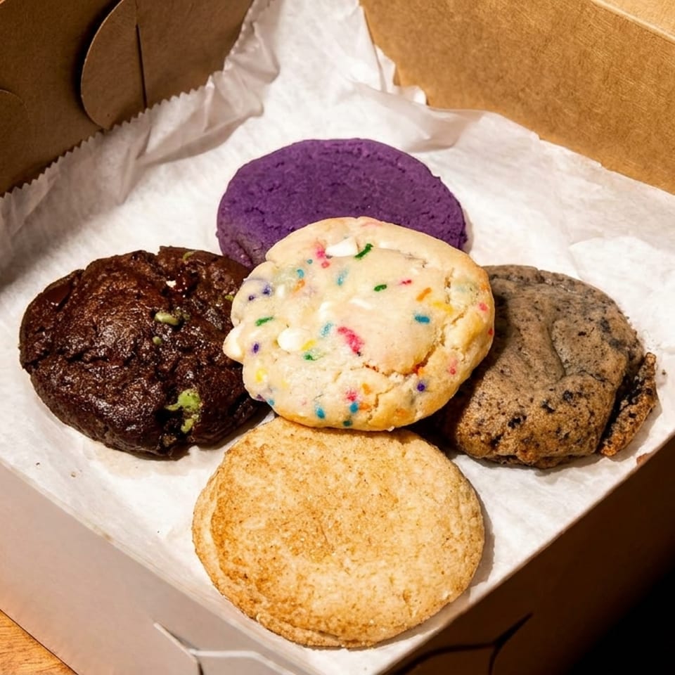 Assorted cookies, including chocolate, sprinkle, and purple, in a white and brown bakery box.