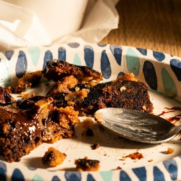 Leftover brownie pieces and crumbs on a blue and white patterned paper plate with a spoon.