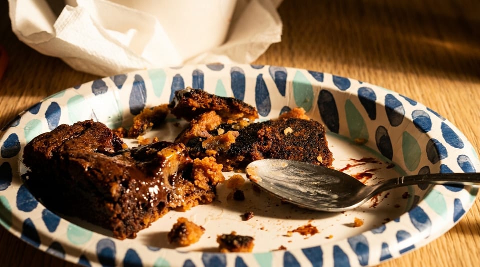 Leftover brownie pieces and crumbs on a blue and white patterned paper plate with a spoon.
