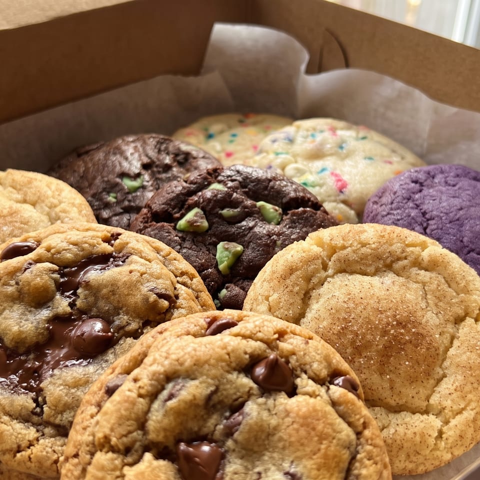 Assorted cookies, including chocolate chip, snickerdoodle, mint chocolate, and purple, in a box.