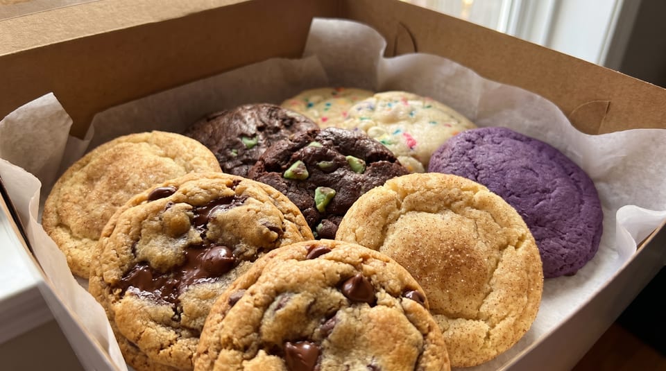 Assorted cookies, including chocolate chip, snickerdoodle, mint chocolate, and purple, in a box.