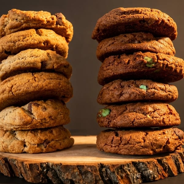 Two tall stacks of cookies, one with chocolate chips and the other with green candies, on a wooden slab.