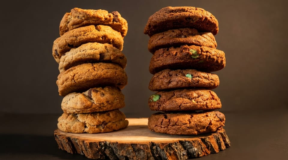 Two tall stacks of cookies, one with chocolate chips and the other with green candies, on a wooden slab.