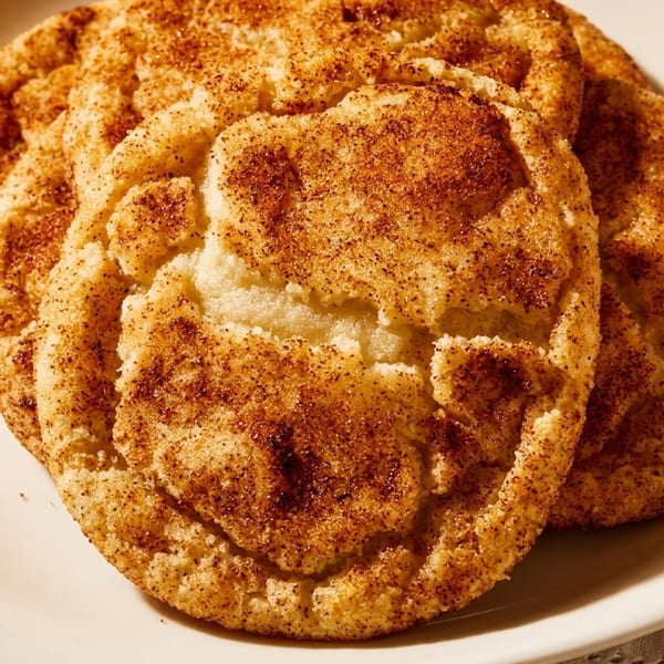 Three golden-brown snickerdoodle cookies, generously coated in cinnamon sugar, on a white plate.