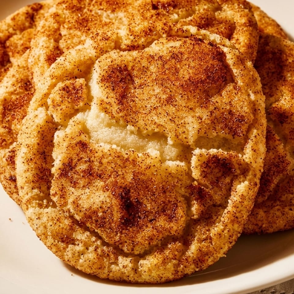 Three golden-brown snickerdoodle cookies, generously coated in cinnamon sugar, on a white plate.