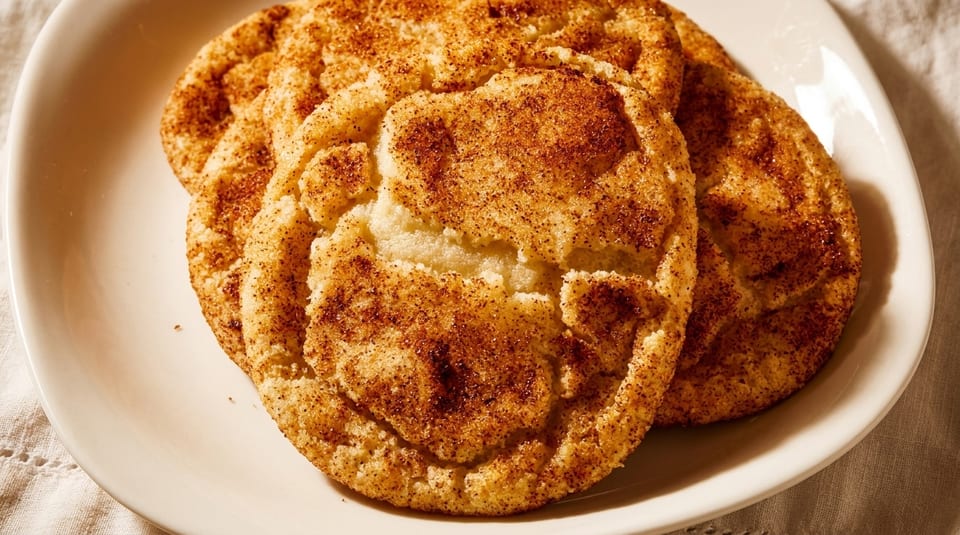 Three golden-brown snickerdoodle cookies, generously coated in cinnamon sugar, on a white plate.